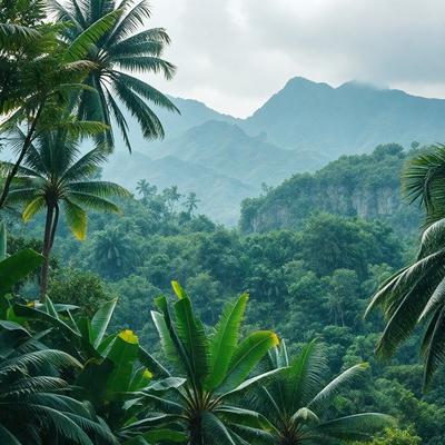 Primary subject: A lush green forest with palm trees and mountains in the background.

Setting/background: The forest is filled with palm trees and mountains in the distance.

Visual style: The image is a photo of the forest.

Colors and mood: The forest is predominantly green, with the palm trees adding a touch of yellow. The overall atmosphere is serene and natural.